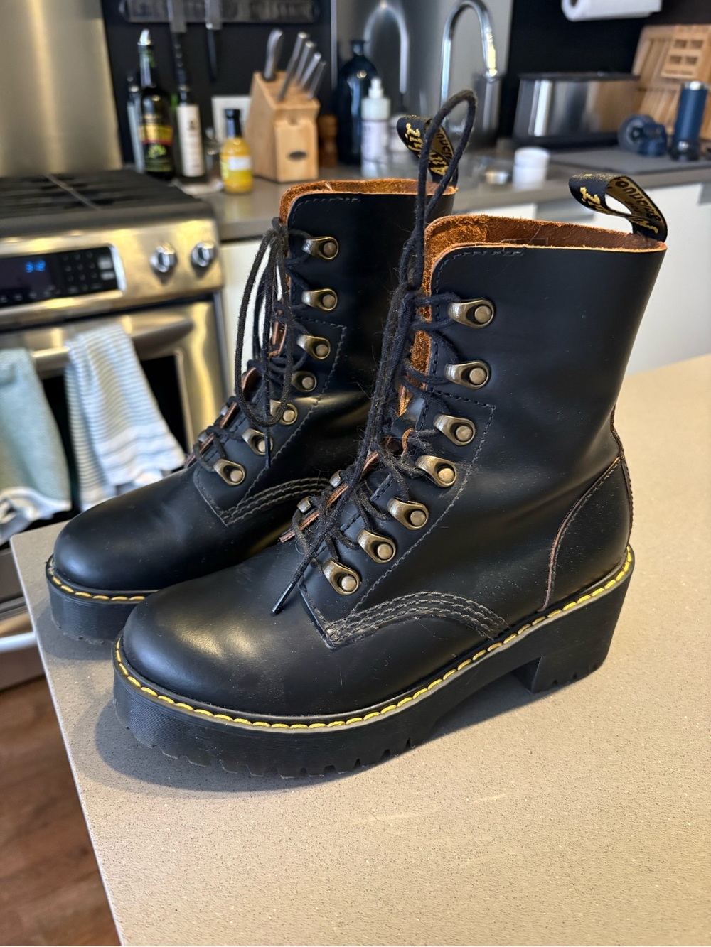 Dr. Martens Black Lace-Up Platform Combat Boots with Yellow Stitching